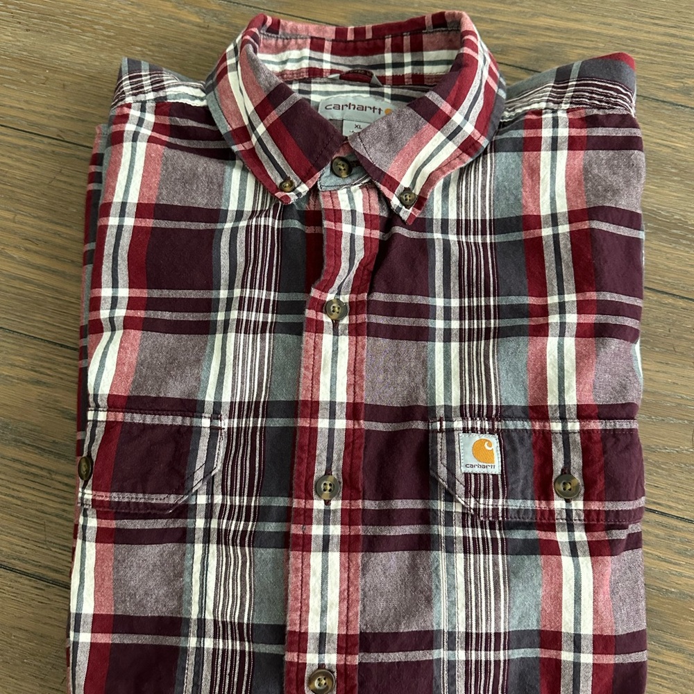 Carhartt Men's Burgundy and White Plaid Shirt‎